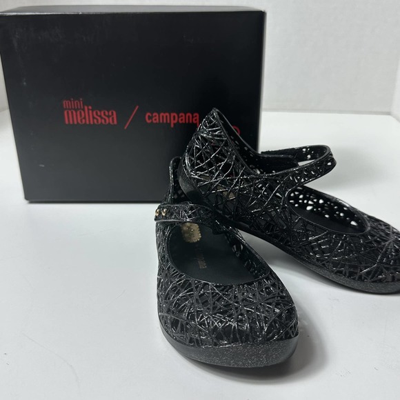 NIB Mini Melissa Campana Little Girls Black/Silver Glitter ZigZag Mary Jane Sz 9 - Picture 9 of 14